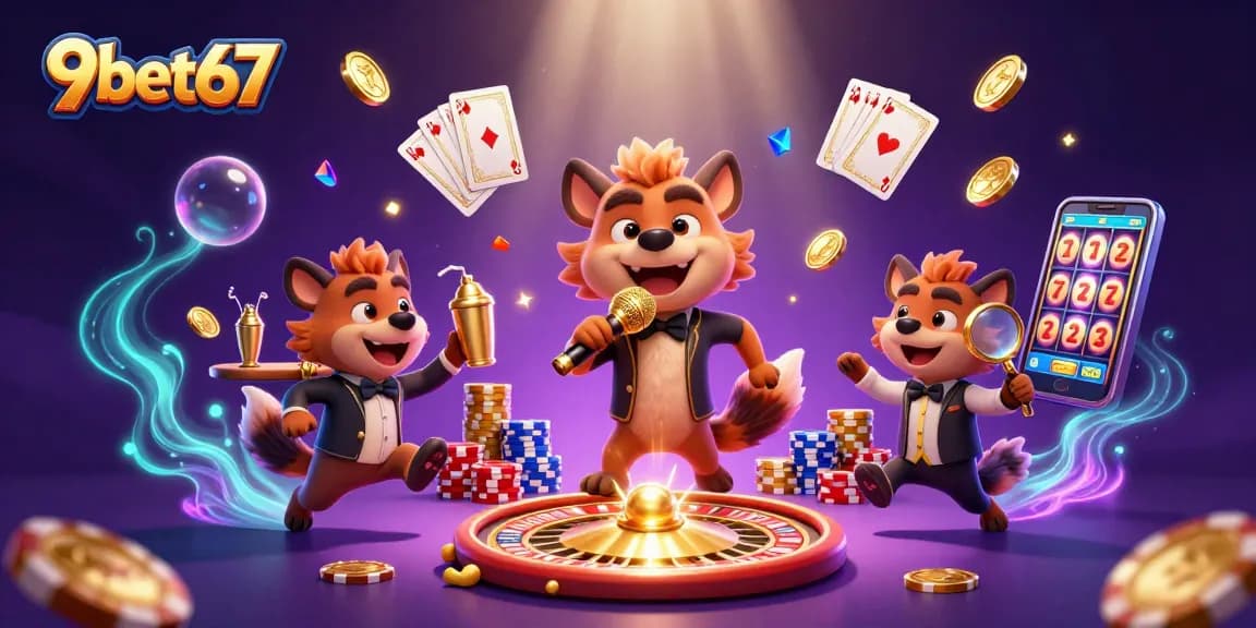9bet67 hyenas run a comedy casino with drinks, jokes, and games amidst golden coins.