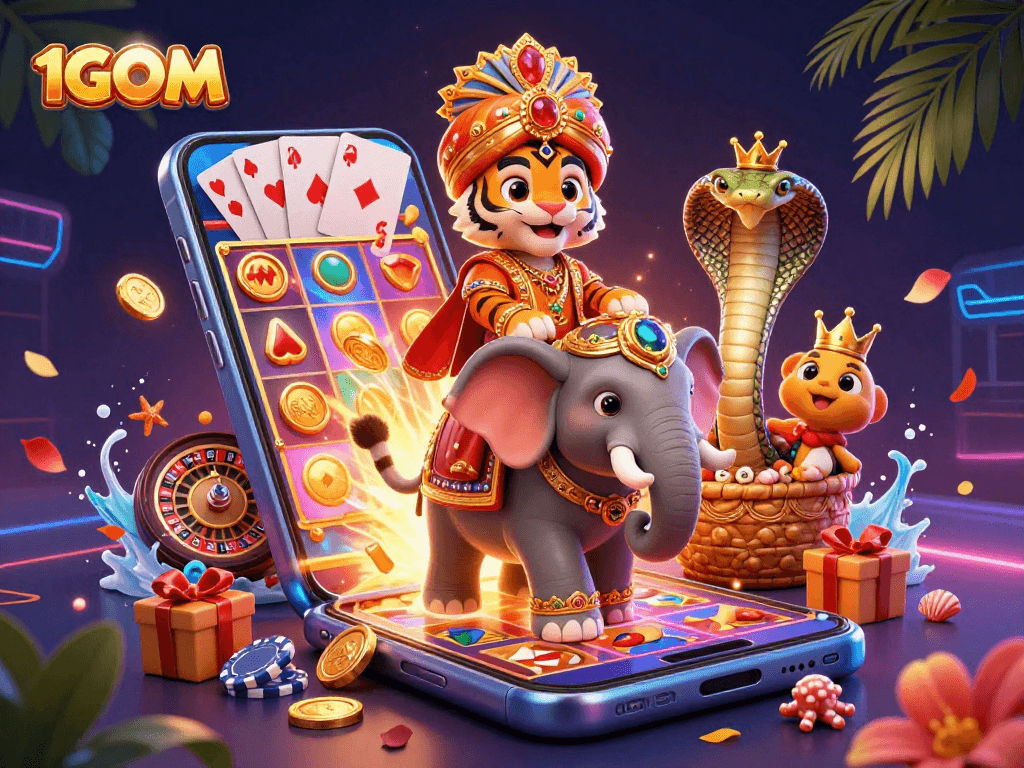 Engage with 1GOM's vibrant 3D casino illustration showcasing thrilling gaming elements.