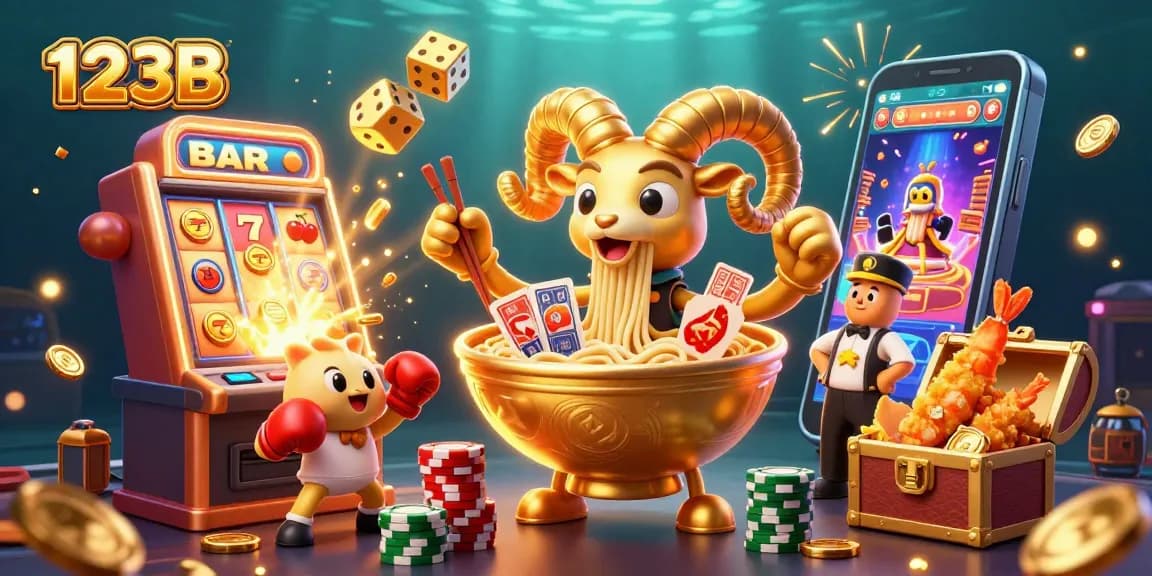 Win big at 123B as a giant ramen bowl deals cards and stacks chips in a vibrant casino scene.