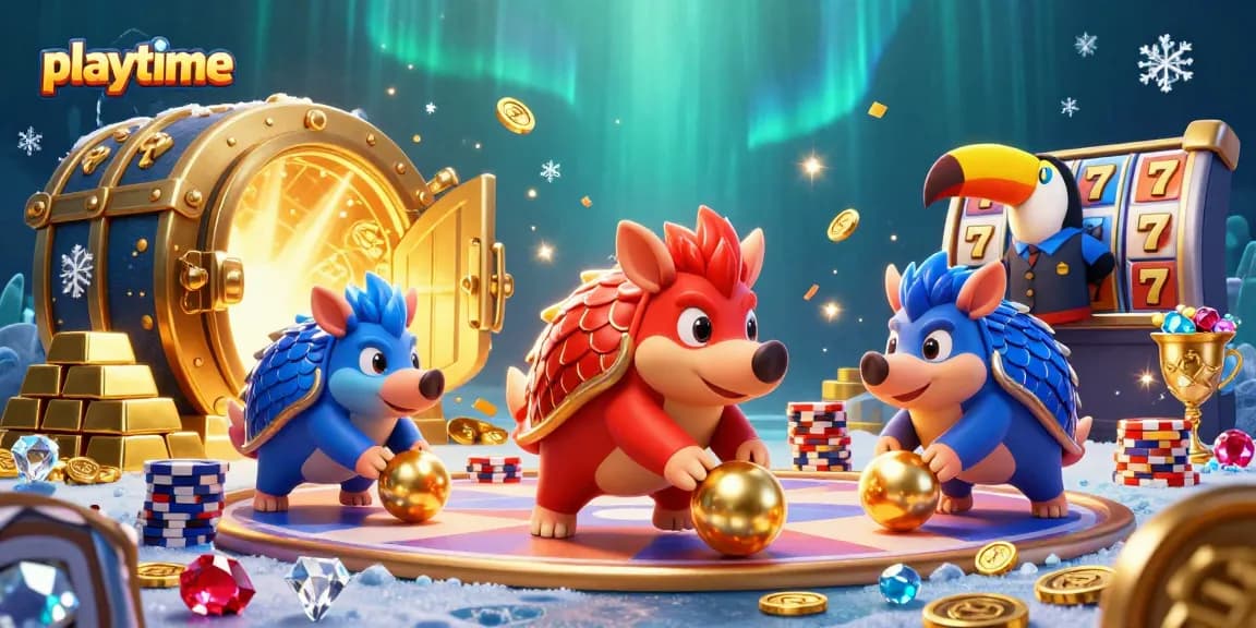 Experience gameplay excitement with Playtime's dynamic slot-themed illustration featuring rival pangolins.