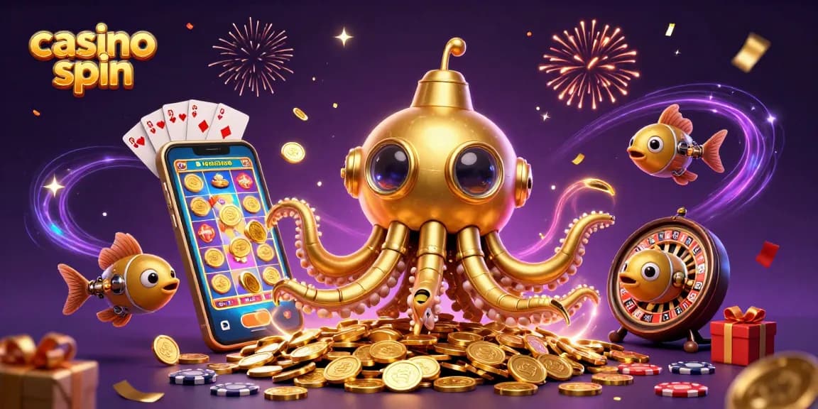 Engage in thrilling casino spin action with a cartoon kraken alongside vibrant game elements.