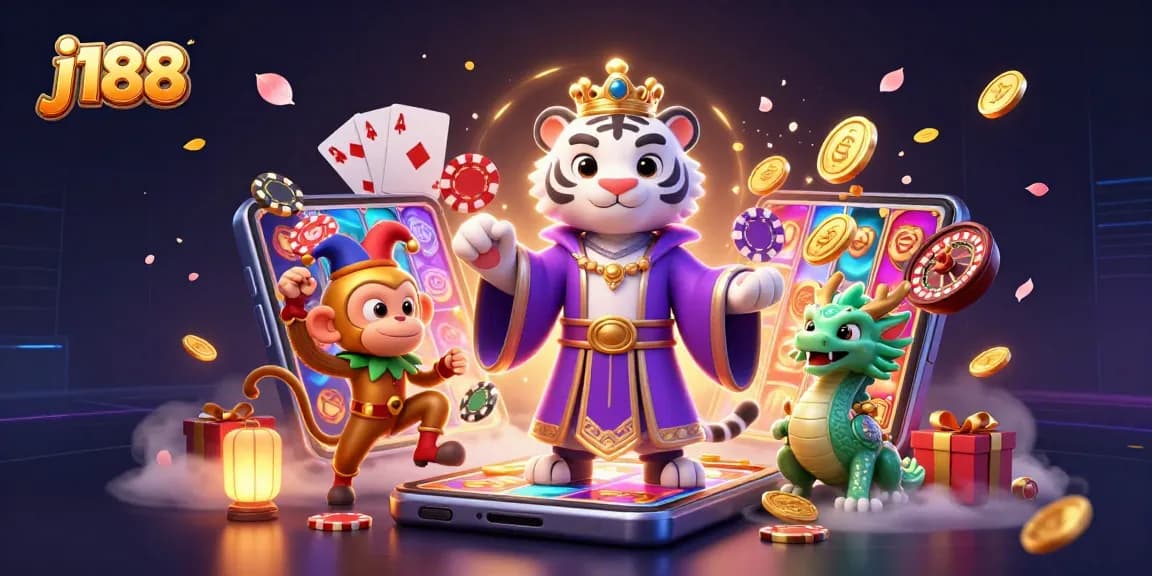 Experience thrilling gaming at j188 with a dynamic casino scene featuring lively characters and vibrant games.