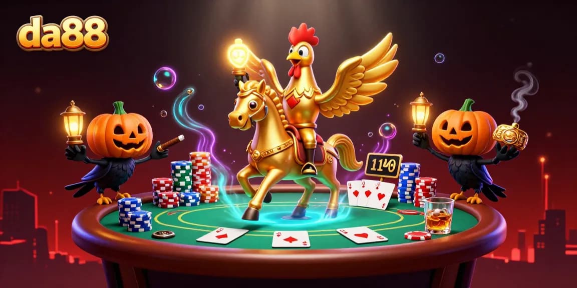 Play at da88's vibrant casino with the golden rooster and companion crows showcasing exciting poker action.