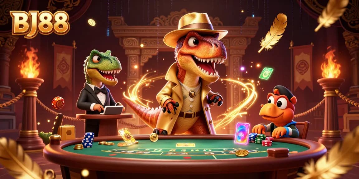 BJ88 showcases a fascinating scene with a velociraptor playing blackjack, enriched with vibrant casino elements.