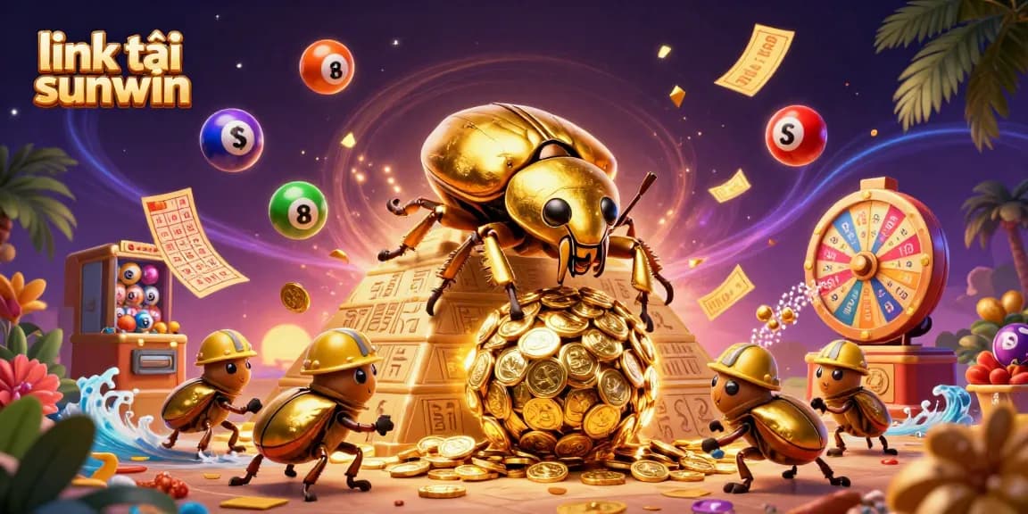Link tải sunwin showcases a vibrant illustration of a golden beetle and colorful casino elements.