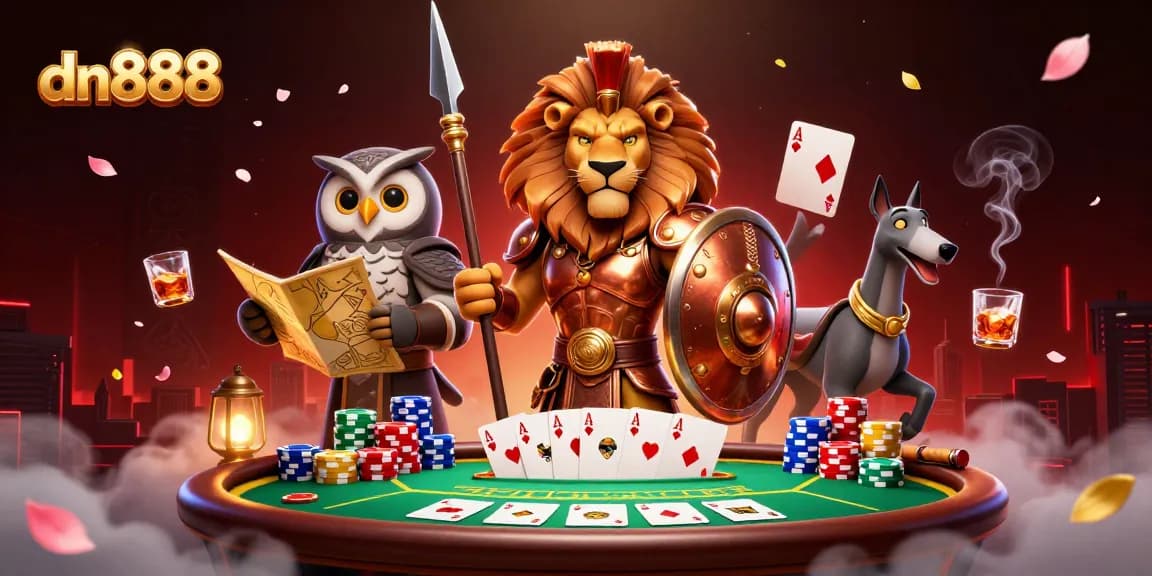 Engage in thrilling gaming at dn888 with a vibrant 3D casino scene of classic poker.