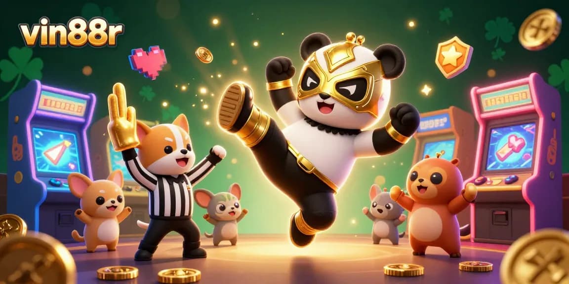 Experience vin88r excitement with a panda wrestler in action, surrounded by arcade elements.