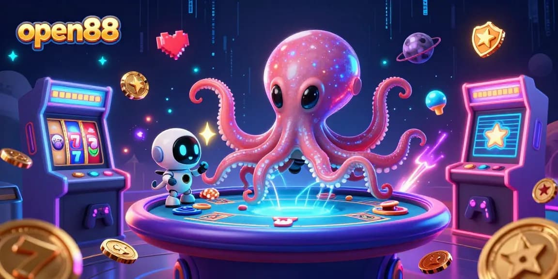 Experience winning strategies at open88 with a vibrant alien octopus and gaming elements.