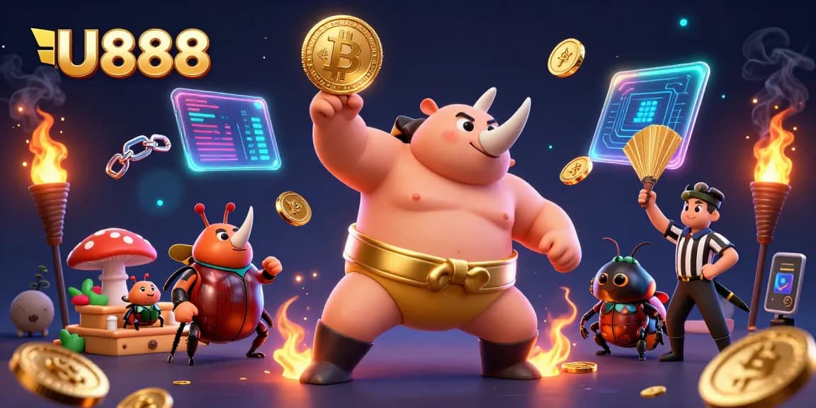 U888 showcases a dynamic betting scene with a rhinoceros beetle champion amid glowing cryptocurrencies and vibrant game elements.