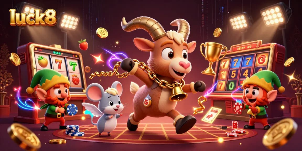 Luck8 engages players in a festive casino scene with Krampus and mischievous elves amidst slot reels and trophies.