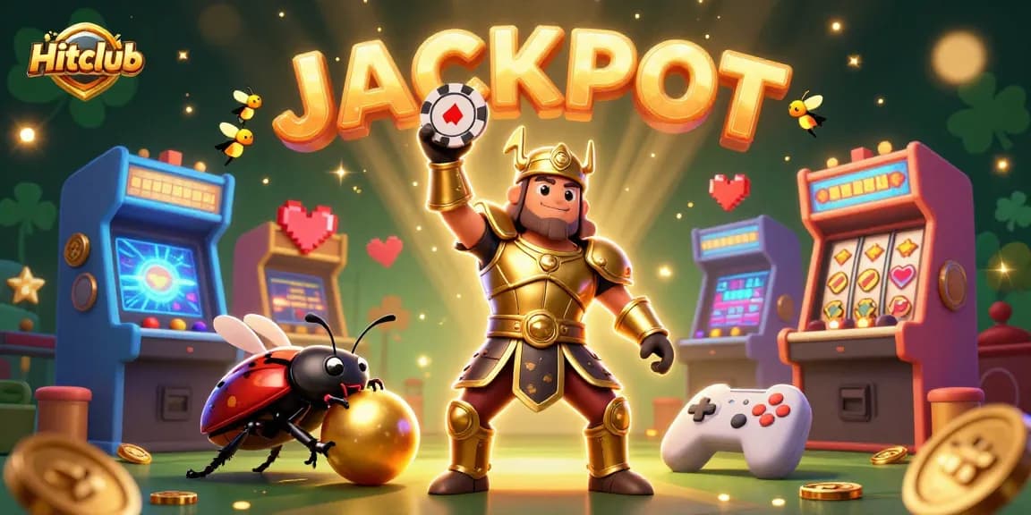 Hitclub celebrates gaming victories with a herculean beetle and vibrant casino elements.