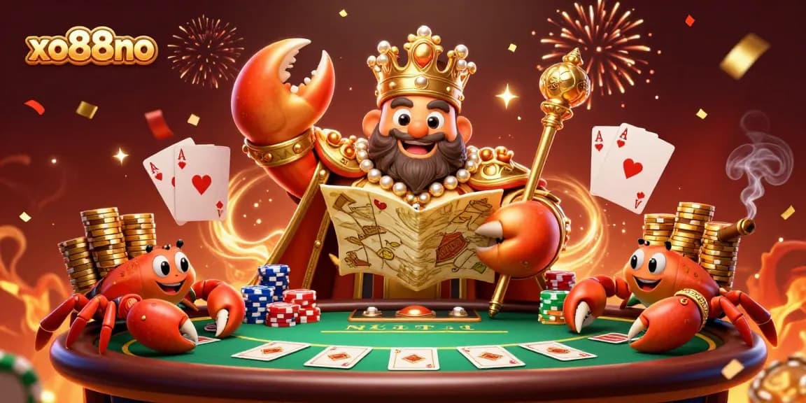 Engage in exciting moments at xo88no with a vibrant 3D illustration of a golden crab emperor ruling the casino.
