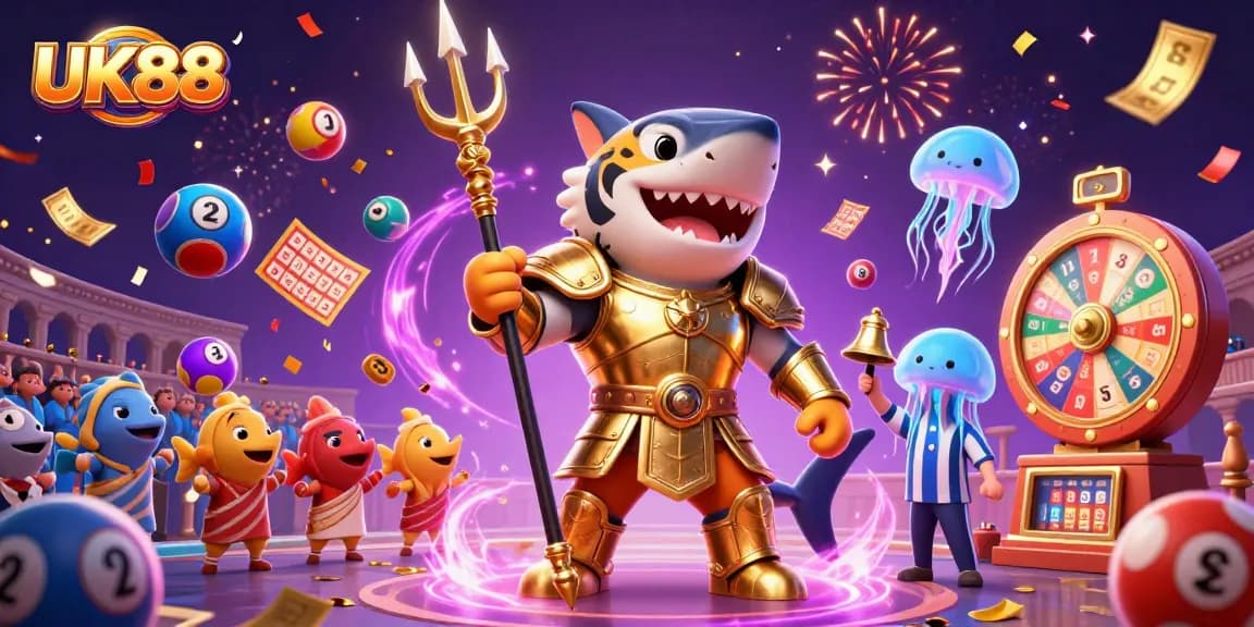 Engage in thrilling gameplay with UK88, featuring vibrant elements of lottery excitement and 3D characters.