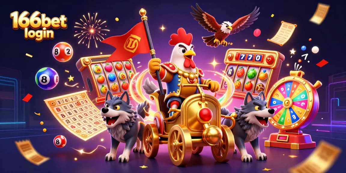 Engage with 166bet login while witnessing a dynamic 3D casino scene filled with colorful slots and festive elements.