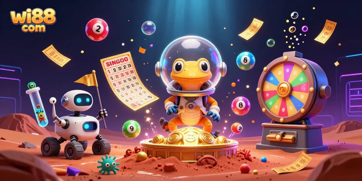 Win big at wi88 com with vibrant lottery and casino activities illustrated in a fun 3D style.