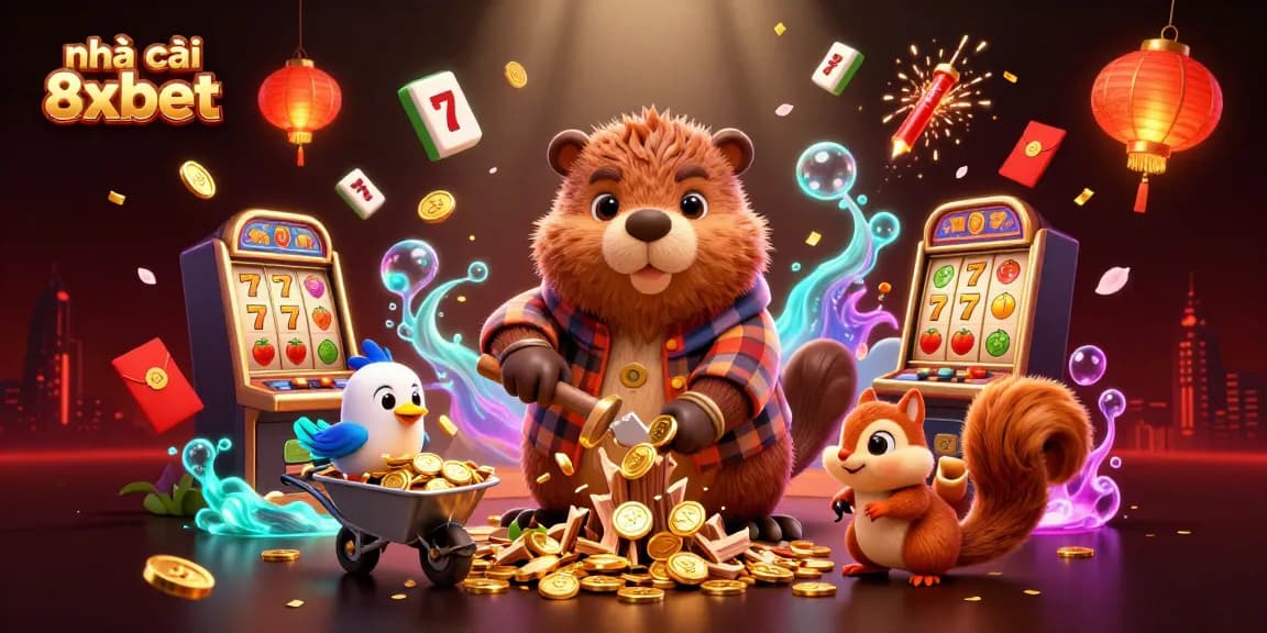 Experience the thrill of gaming at nhà cái 8xbet with vibrant characters and lively casino elements in this dynamic scene.