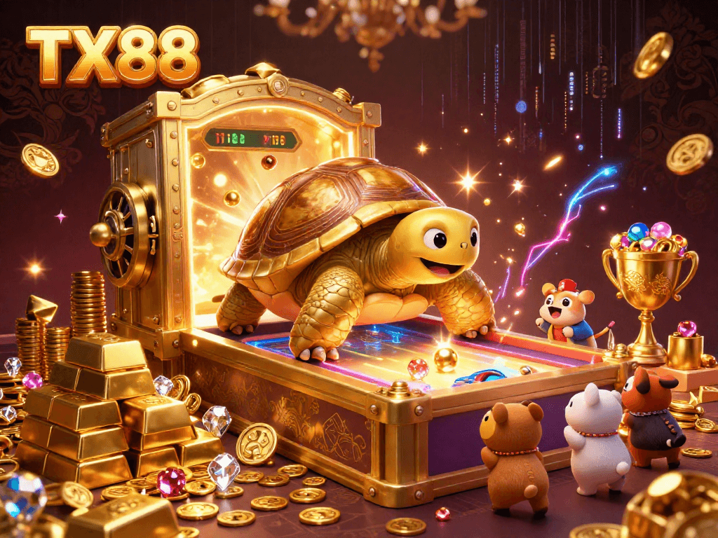 Engage with TX88's exciting gaming experience featuring a colossal tortoise pinball machine and treasure.