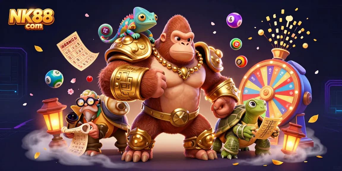 Experience excitement with NK88 com as the gorilla king leads the game surrounded by vibrant lottery elements.