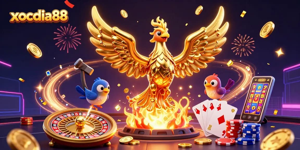 Experience thrilling gaming at xocdia88 with the iconic molten phoenix and vibrant casino elements.