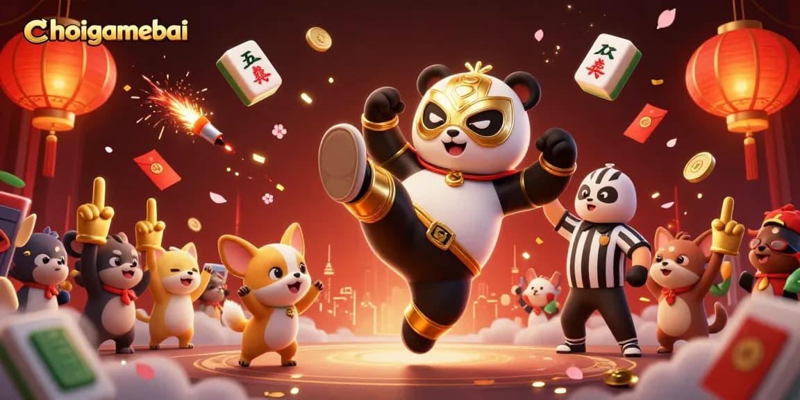 Engage in strategic gameplay with choigamebai, showcasing a dynamic 3D wrestling panda scene.