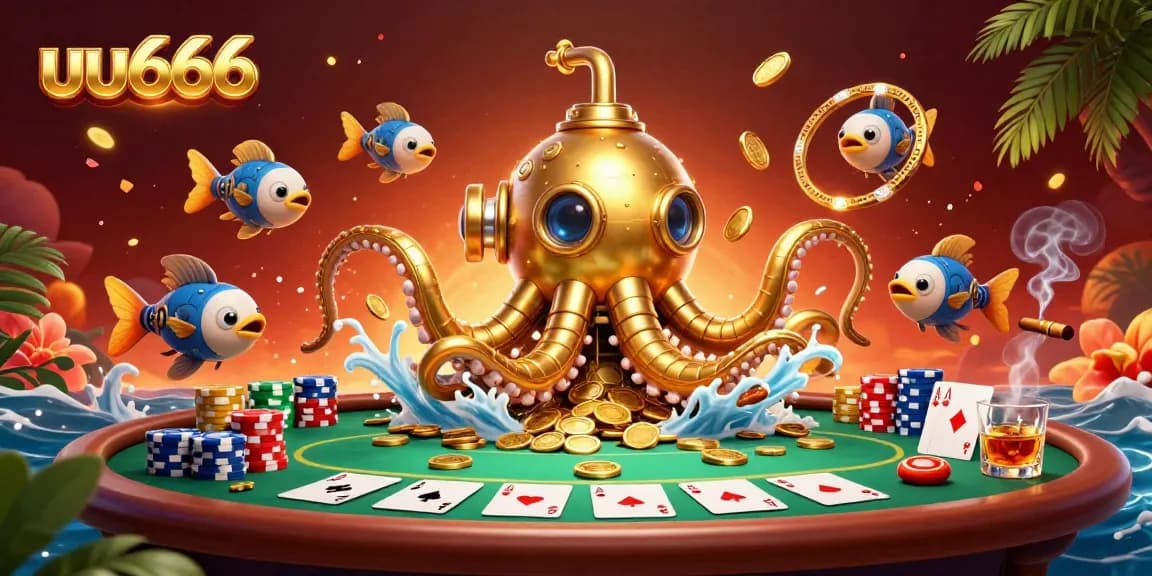Engage with uu666, showcasing a vibrant casino scene with a golden kraken submarine and poker elements.