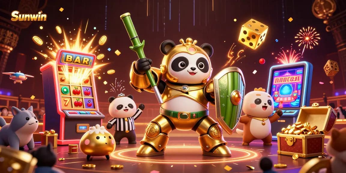 Sunwin showcases a vibrant casino atmosphere featuring a golden panda, captivating slot elements, and dynamic gameplay.