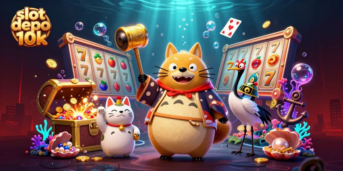 Engage with slot depo 10k through this vibrant 3D illustration featuring lucky fortunes and dynamic slots.