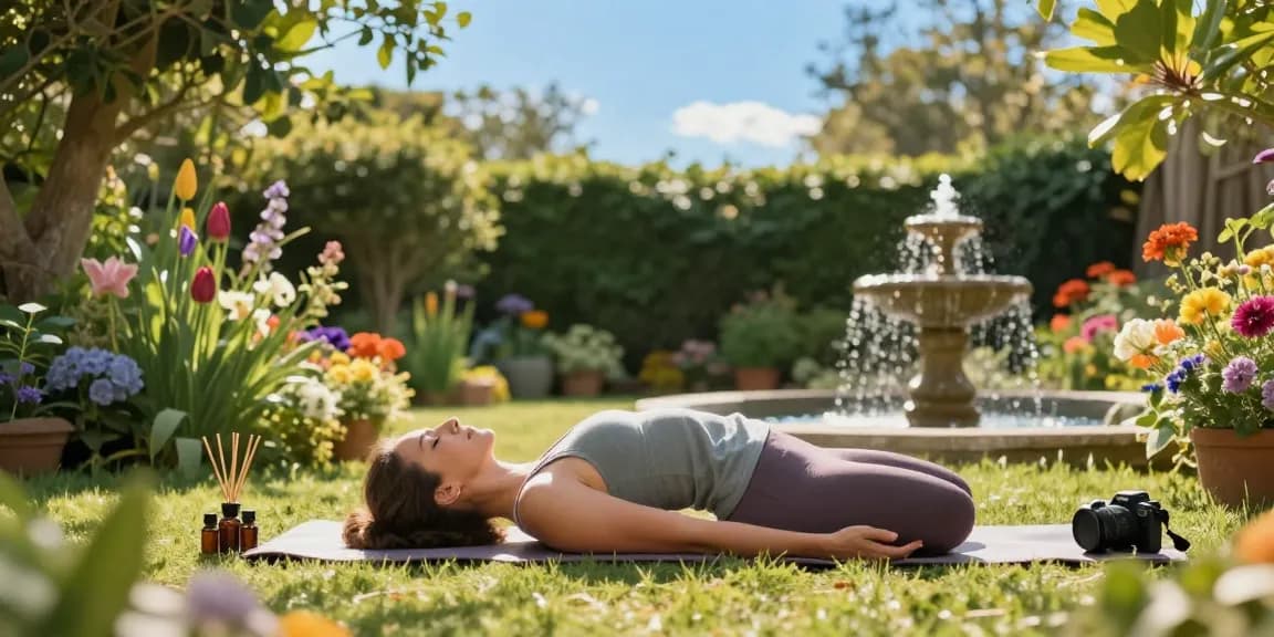 Yoga practice in a garden to ridurre lo stress and enhance relaxation.