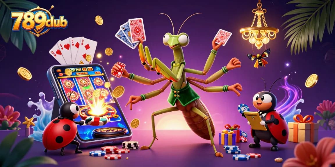 Engage in thrilling gameplay at 789club with a 3D casino illustration showcasing dynamic characters, vibrant slot games, and exciting prizes.