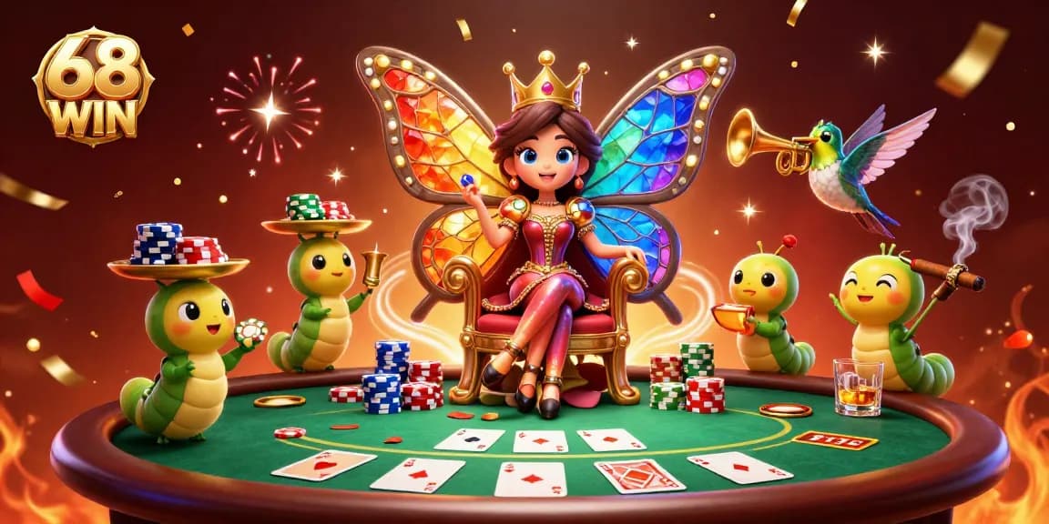 Score big at 68 WIN with a vibrant illustration of a poker queen and chip carriers