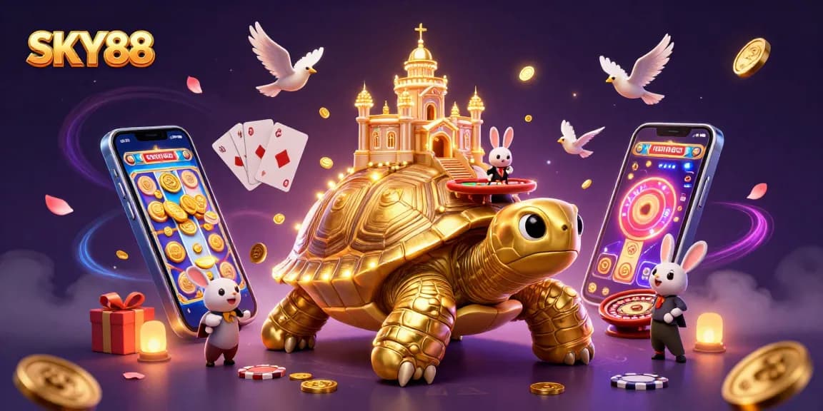 Experience thrilling casino action with SKY88 featuring a golden tortoise and dealer amidst vibrant game elements.