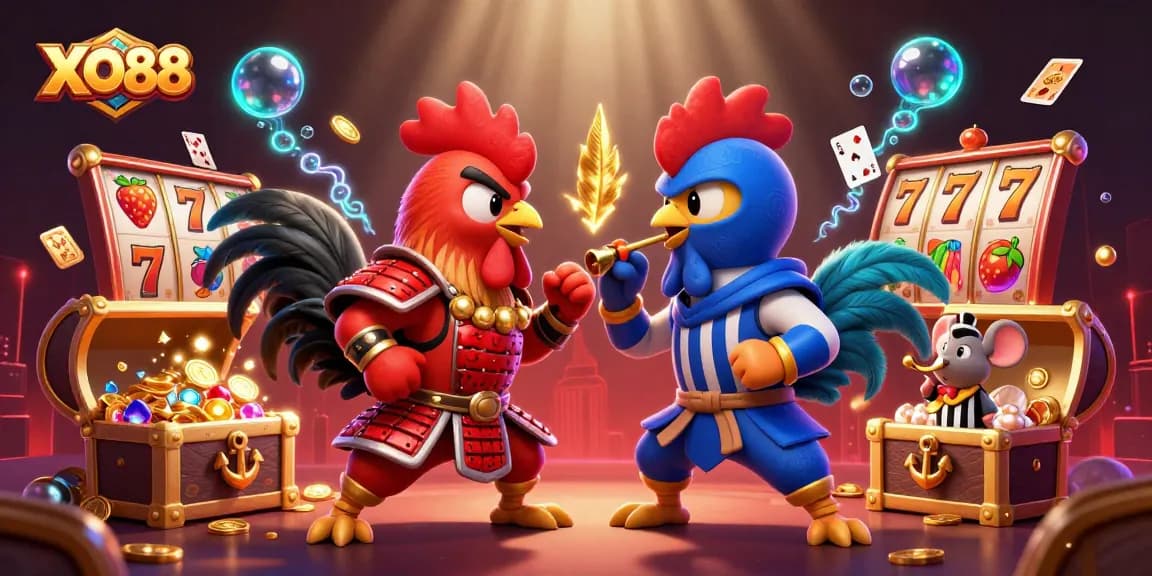 Engage with XO88 in an exciting battle between samurai and ninja roosters amidst vibrant casino elements and treasures.