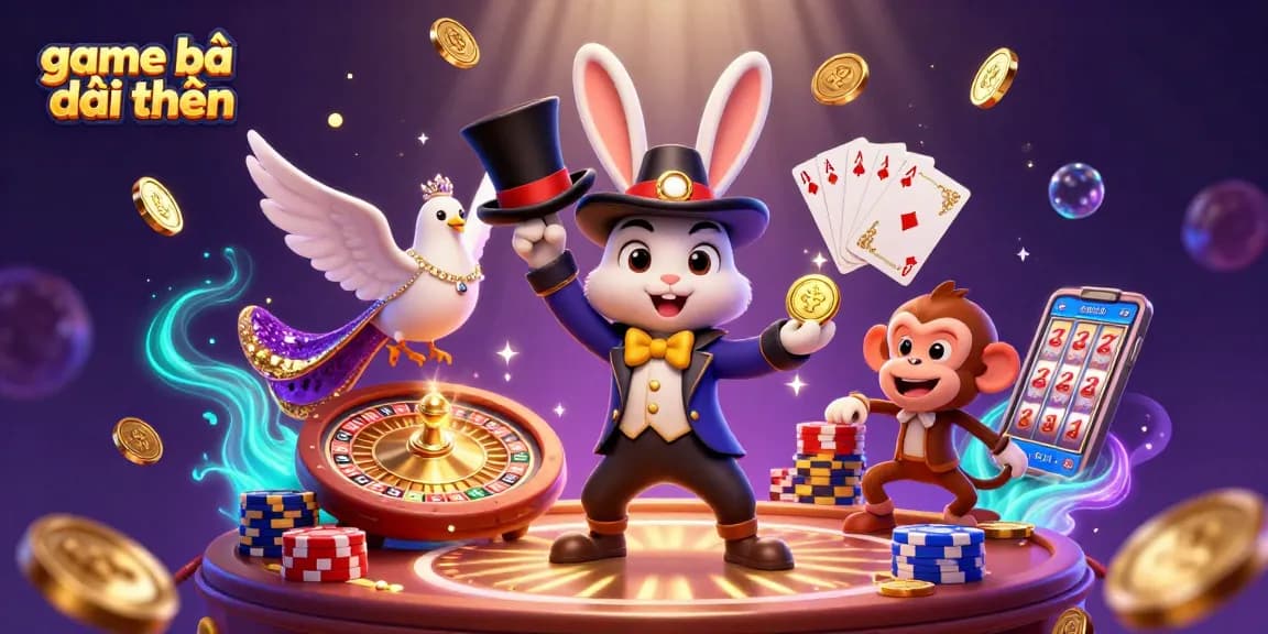 Experience thrilling game bài đổi thưởng with a dazzling 3D illustration of a magician rabbit and casino elements.