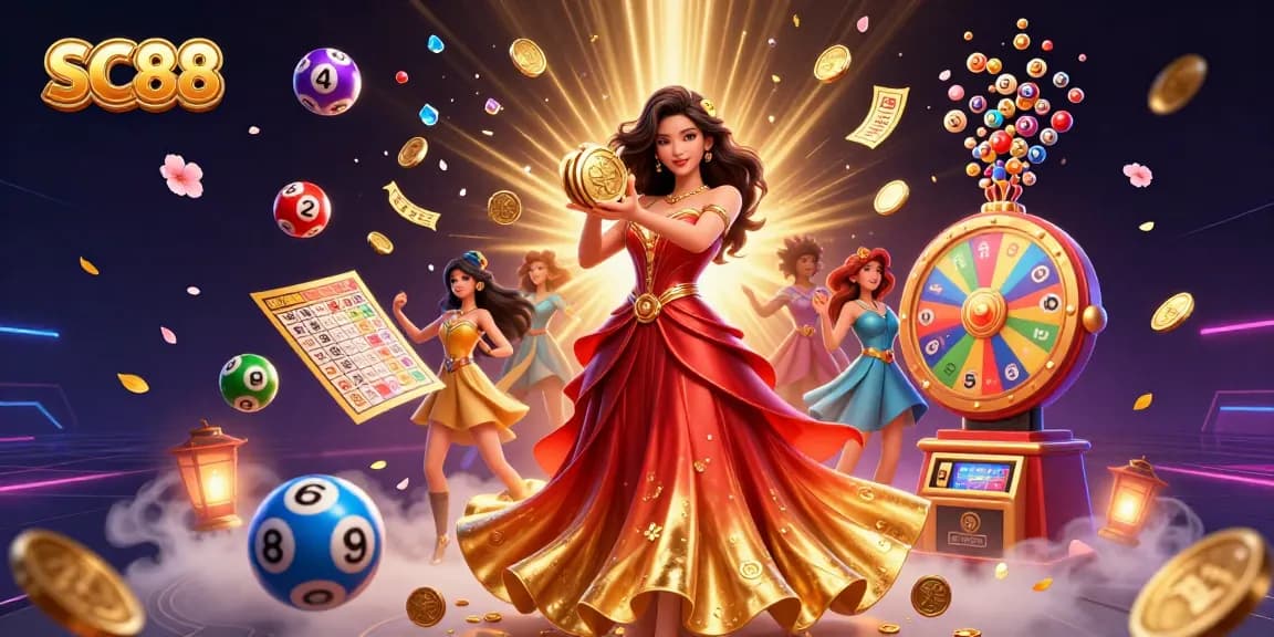Experience SC88's thrilling gaming world with golden coins and vibrant lottery elements in a lush, detailed 3D illustration.