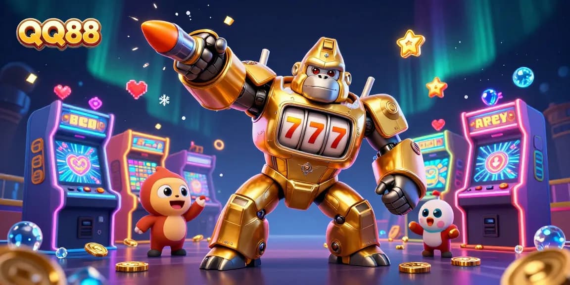Engage in thrilling gaming experiences with QQ88's vibrant casino illustrated scene featuring dynamic game elements.