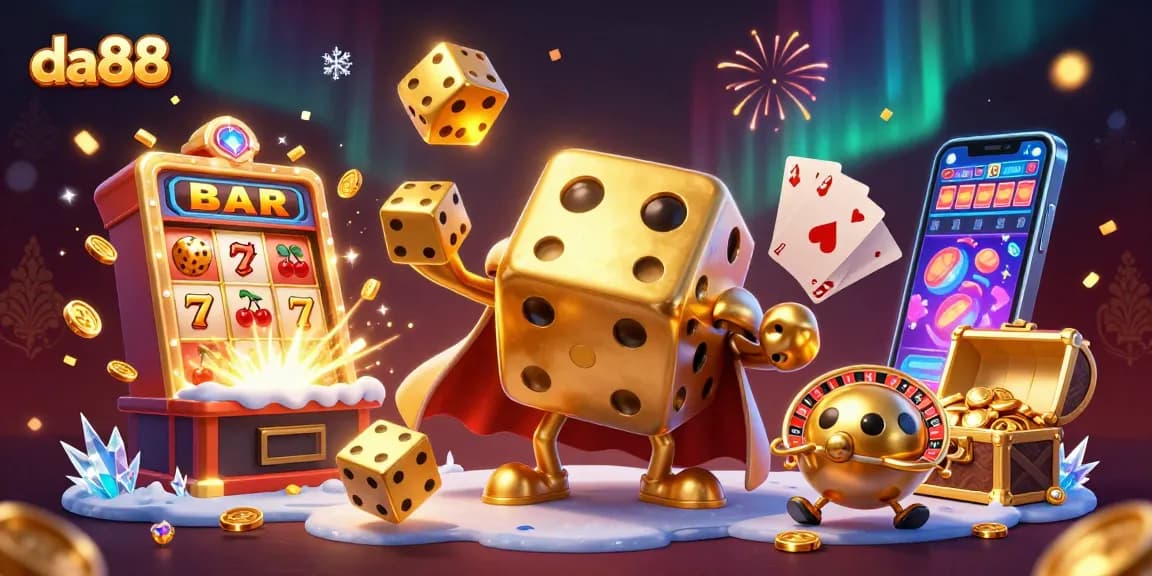 da88 winning strategies in a vibrant casino scene with golden dice and slot machines