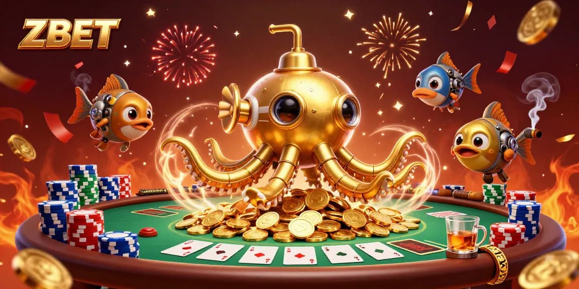 ZBET showcases a thrilling underwater scene with a golden kraken submarine amid poker excitement.