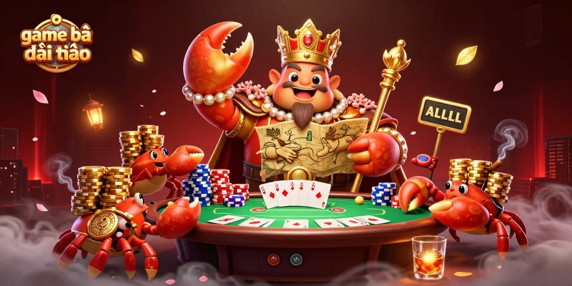 Experience the excitement of game bài đổi thưởng with a vibrant 3D crab character, poker elements, and rich details.