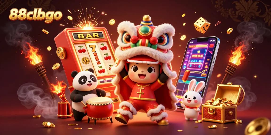 Engage in thrilling casino adventures at 88clbgo with a vibrant scene featuring festive characters and gaming elements.