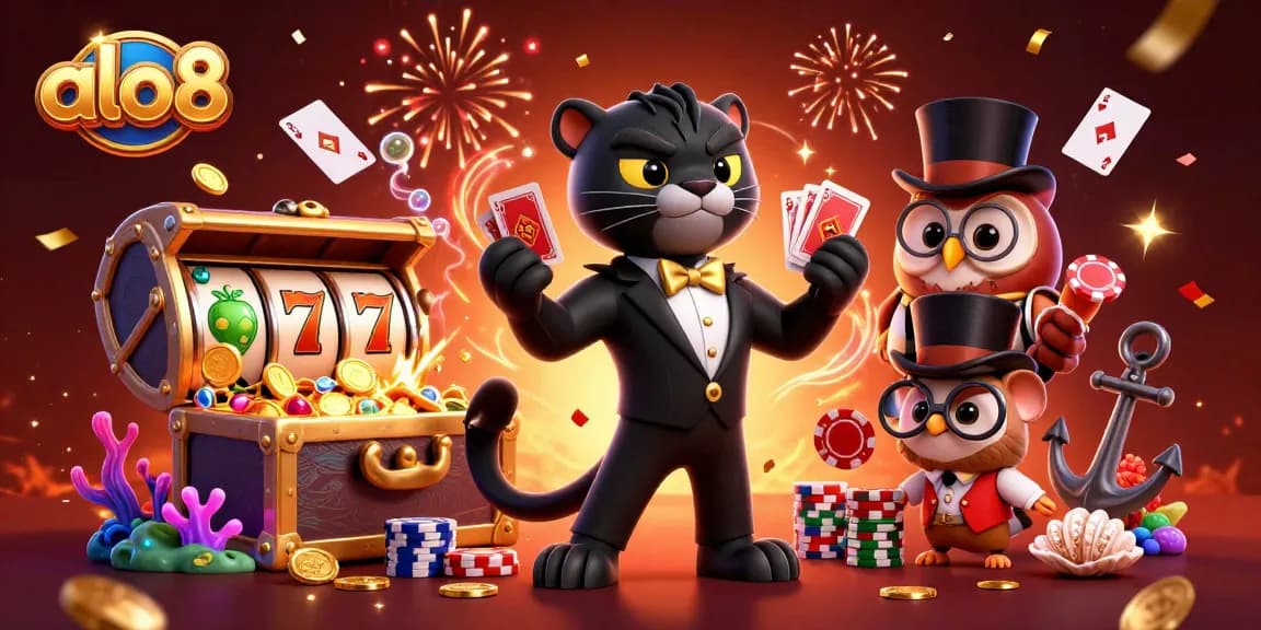 Experience the thrill at alo8 as our stylish characters celebrate winnings with poker chips and playful scenes in a vibrant casino.