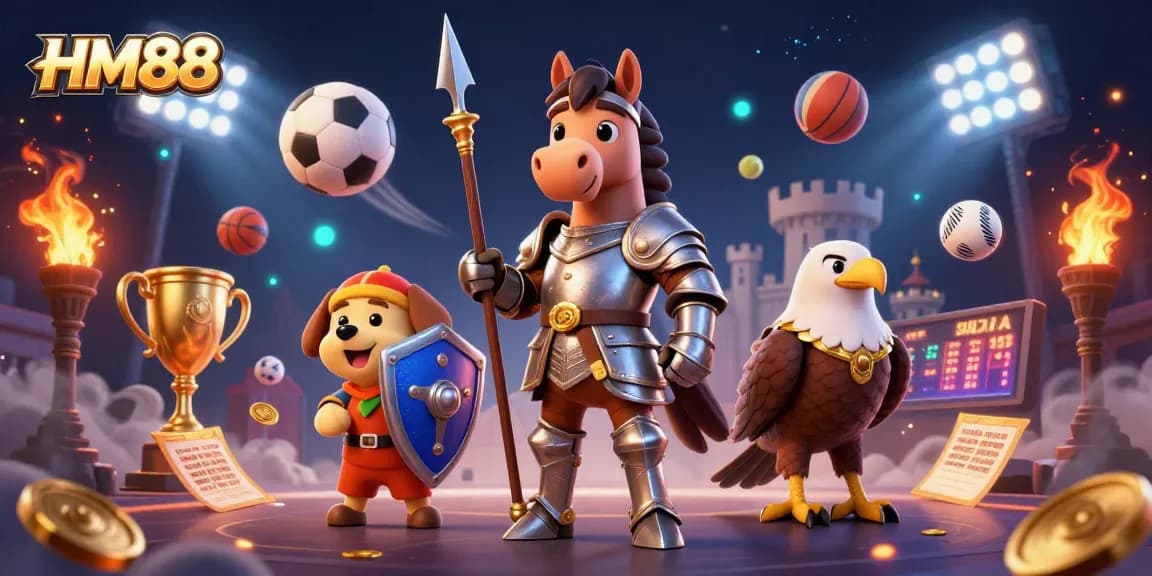 Experience thrilling gaming with HM88 in an action-packed illustration of a knight and sports elements.