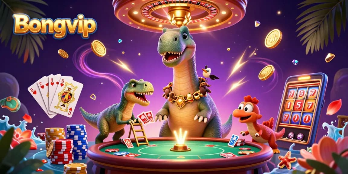 Bongvip engages players with a vibrant scene of casino excitement featuring a playful dinosaur and dynamic gaming action.