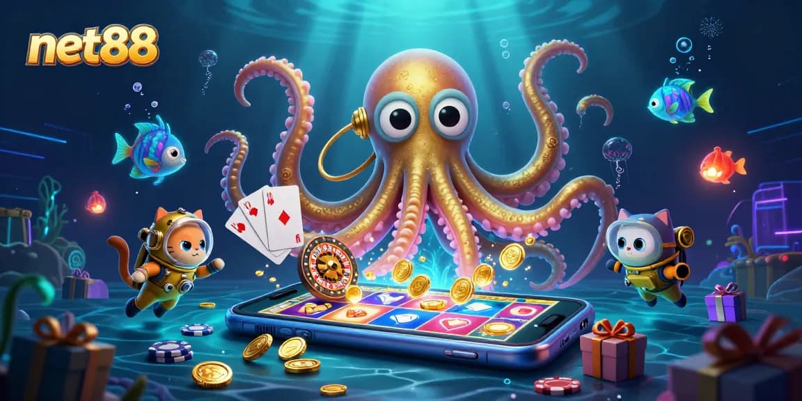 Join the adventure with net88 as the kraken reveals treasures in this vibrant casino scene