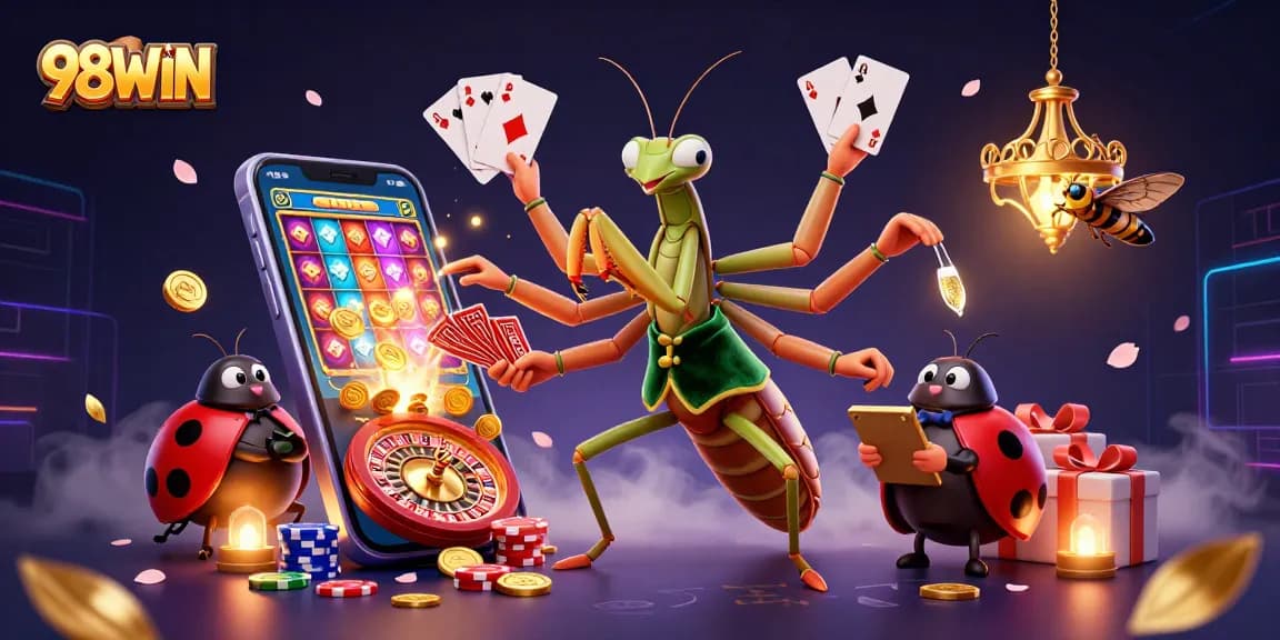 Experience the excitement of 98WIN with vibrant illustrations of casino games and interactions.
