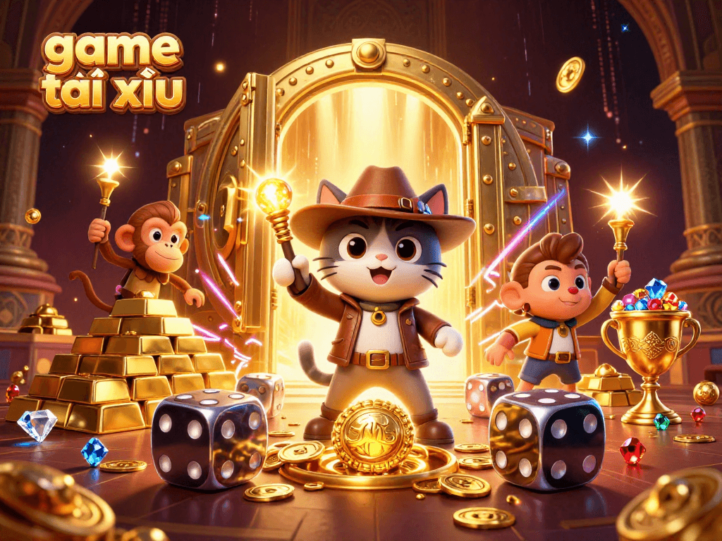 Engage with the thrilling game tài xỉu as a cat explorer uncovers golden treasures in a vibrant 3D scene.