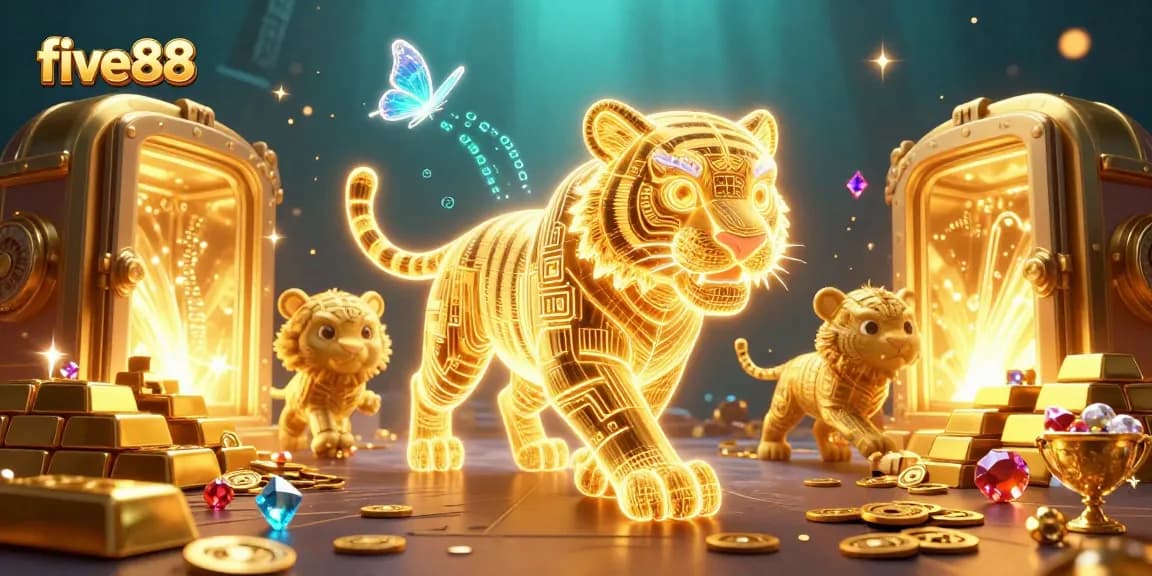 Experience the excitement of five88 with a golden tiger and treasures in a vibrant digital casino.