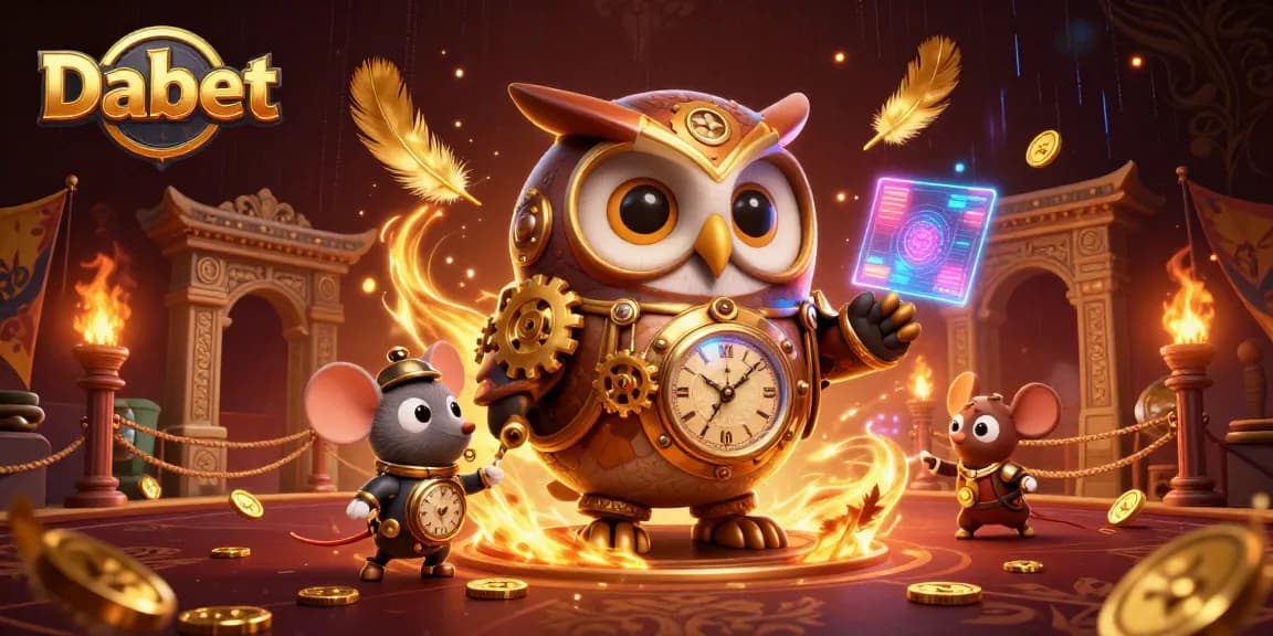 Dabet features a time-traveler owl engaging in steampunk-themed gambling with vibrant casino elements.