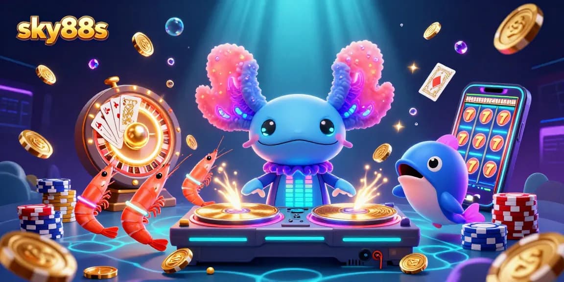 Experience sky88s with vibrant neon characters showcasing casino excitement in a dynamic underwater scene.