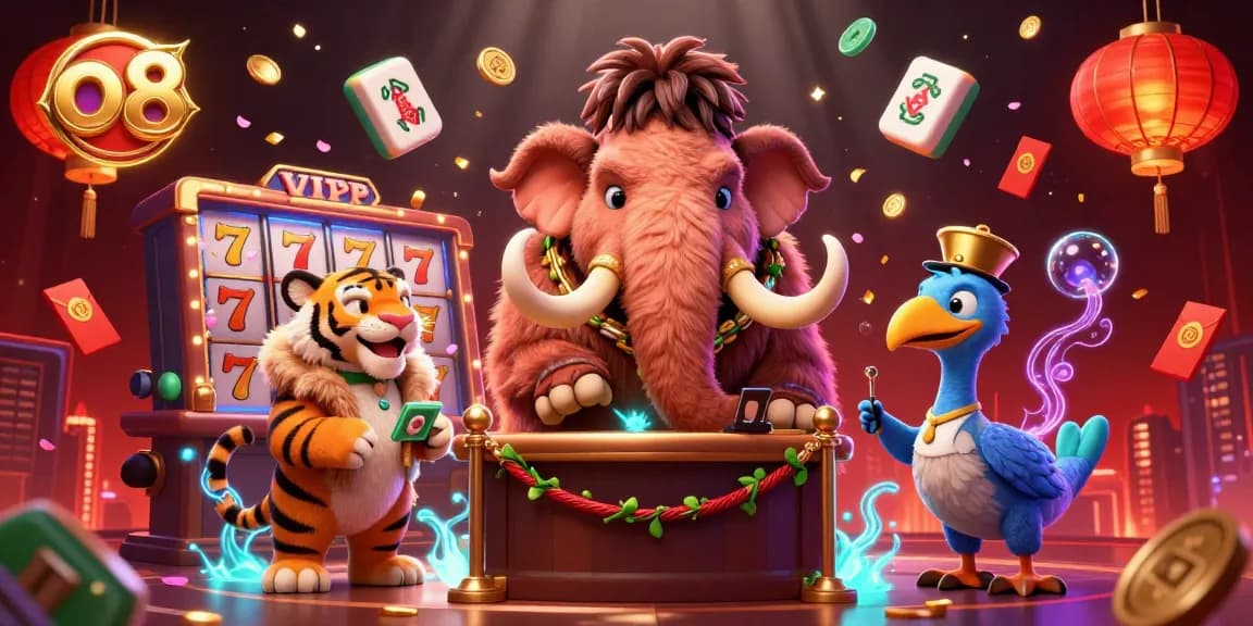 Experience the thrilling excitement of o8's casino scene featuring a woolly mammoth bouncer and vibrant game elements.