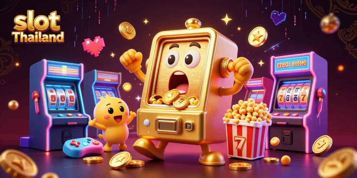 Slot Thailand merayakan kemenangan dengan mesin slot emas yang tampak ceria, penuh koin dan elemen game menarik.